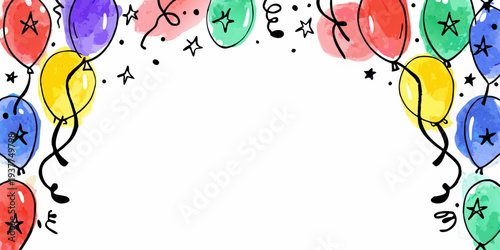 Colorful watercolor balloons and stars forming a celebratory border