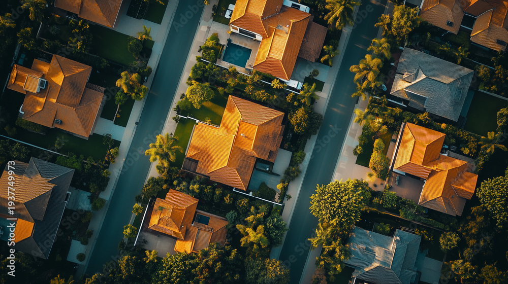 Fototapeta premium Aerial view of modern residential neighborhood with single-family homes, green gardens and paved roads, real estate