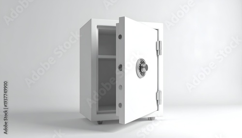 A white, open safe sits against a plain white backdrop. The door is ajar