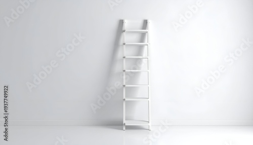 A white ladder leans against a plain white wall, casting a soft shadow. Minimalist design