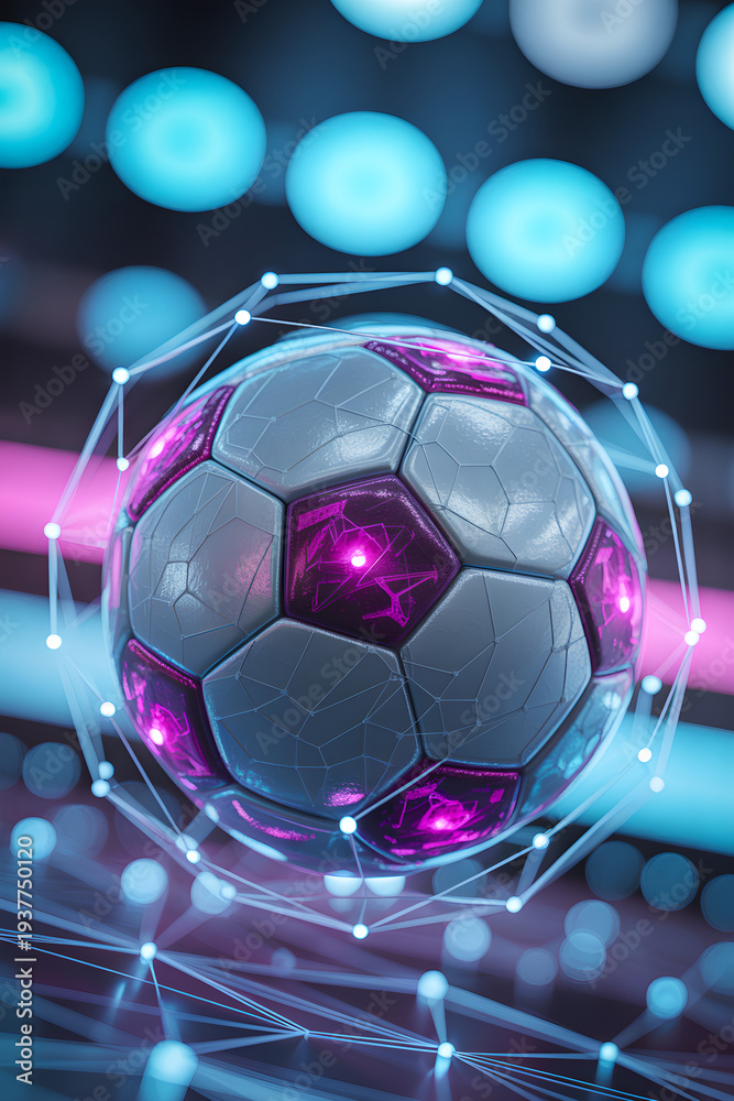Naklejka premium Glowing purple and silver soccer ball with neon connections 1