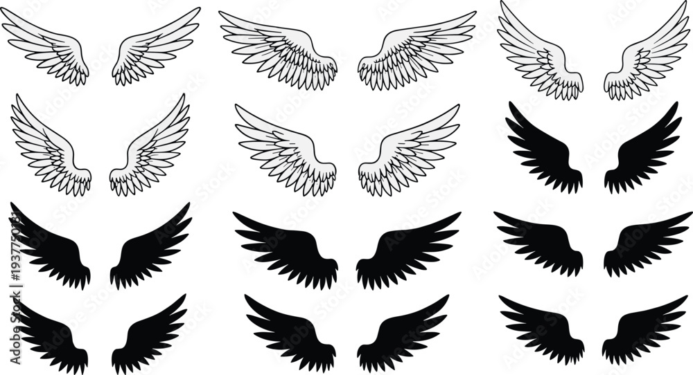 Obraz premium Vector Wing Icon Set Featuring Angel Wings, Bird Wings, Black Silhouettes, Line Art Designs, Eagle Wings, and Spiritual Flight Symbols,