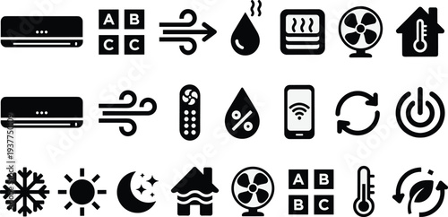 Vector Icon Set for Air Conditioning, HVAC Systems, Climate Control featuring Thermostat, Fan, Smart Phone Remote, Humidity, Temperature, and Ventilation Symbols