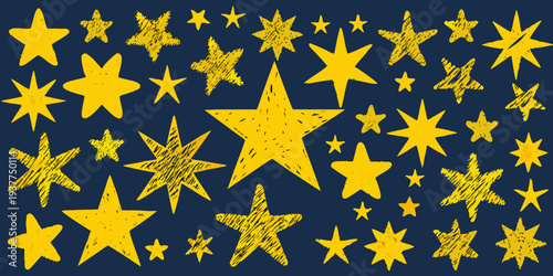 A collection of hand drawn yellow stars scattered across a dark blue background