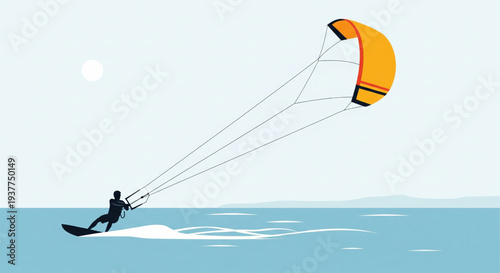 Parasailer soaring above ocean waves with kite, viewed from behind in a serene atmosphere