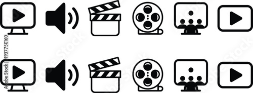Video Production Icon Set with Multimedia Symbols Featuring Monitor Play Button Volume Speaker Movie Clapperboard Film Reel and Digital Media Player,