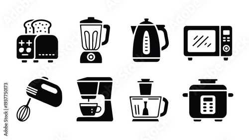 kitchen appliances icons including toaster blender kettle microwave mixer coffee maker slow cooker