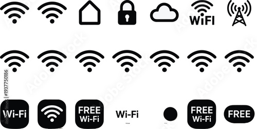 WiFi signal icon set, wireless internet symbols collection with router, lock, cloud, free WiFi hotspot vector graphics
