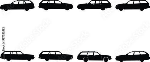 Group of station wagon vehicle silhouettes, capturing distinct models and viewing angles for use in transportation and automotive graphics.