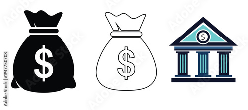 Financial icons including money bags and a bank building
