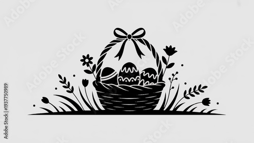 Easter eggs in a wicker basket with flowers and foliage on a plain background