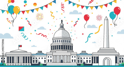 Celebration scene of Washington D.C. landmarks with festive decorations and balloons