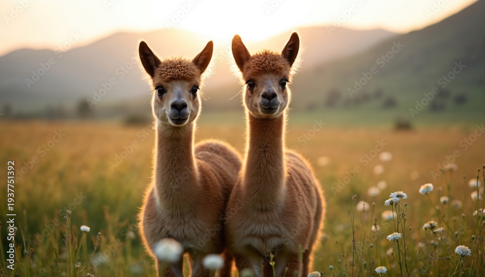 Obraz premium Two young alpacas stand in a golden grassy field at sunrise. Soft light bathes them as gentle mountains form the distant background. They look curiously towards the viewer.