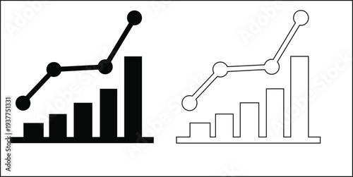 Black and white bar chart and line graph illustrations with ascending trends