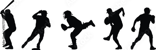 Baseball player silhouettes set with batter, pitcher, catcher and fielder in action poses isolated on white background vector illustration