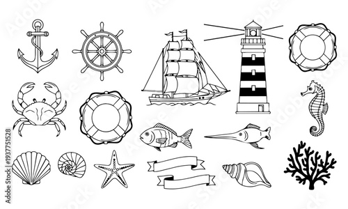 Nautical Marine Icon Set – Sea Life and Maritime Outline Vector Collection