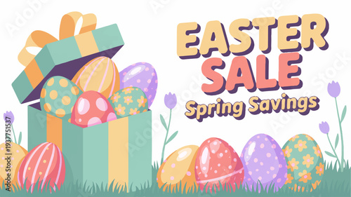 Easter sale spring savings banner with colorful eggs and gift box on grass