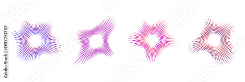 Set of abstract sound wave forms in vibrant gradient colors, radial patterns created with small dots representing audio visualization isolated and vector illustration.