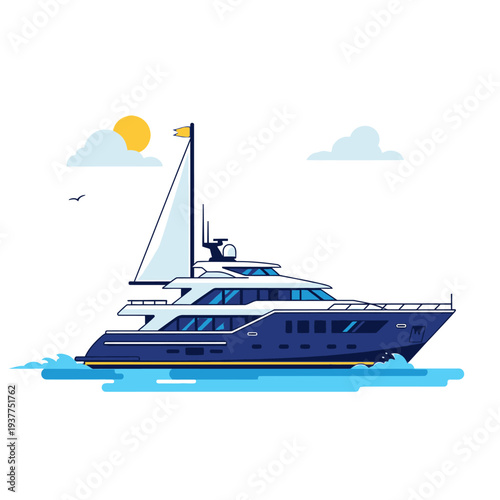 Illustrated yacht sailing on water with sun and clouds for recreational travel