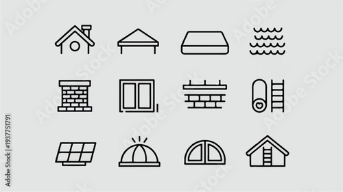 line style icons of houses roofs chimneys solar panels and windows on gray background