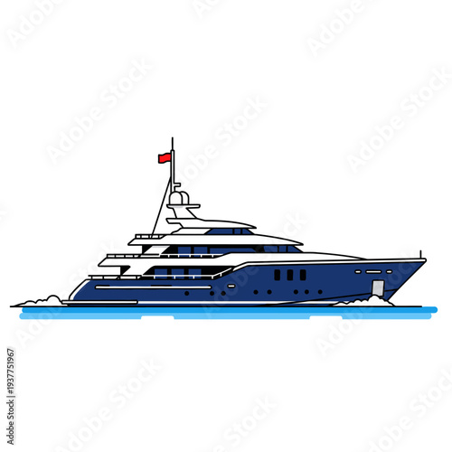 Luxury yacht illustration blue hull and white decks on the ocean