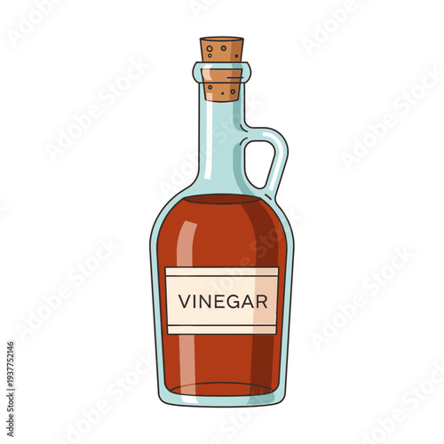Illustrated vinegar bottle with cork stopper on white background