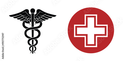 Medical symbols the rod of asclepius and the red cross emblem