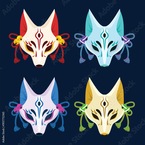 Collection of Four Stylized Fox Masks in Different Colors with Decorative Tassels