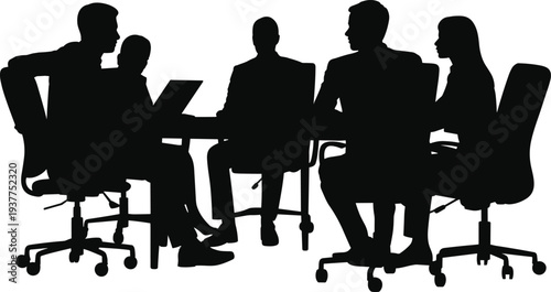 Business meeting silhouettes with team discussion around table, office workers collaborating with laptop isolated on white background vector illustration