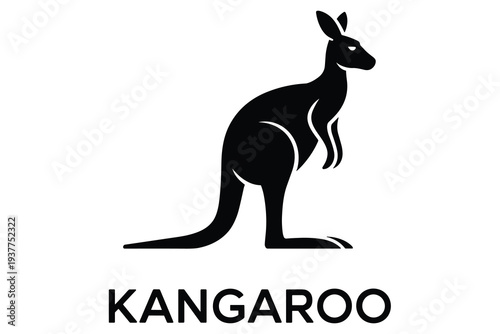Black silhouette of a kangaroo with the word KANGARO below it on white marsupial animal