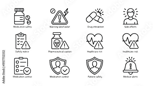 Medication safety icons and symbols for healthcare and pharmacy