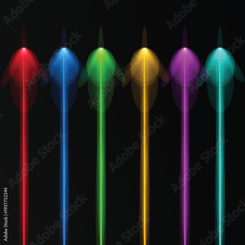 Futuristic color laser arrow shoots a gradient beam in pink, magenta, and teal, glowing with kinetic energy. 3D render illustration