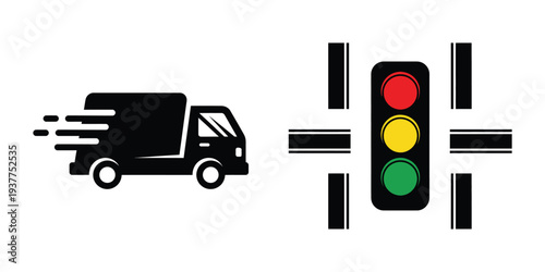 A truck approaching a traffic light intersection