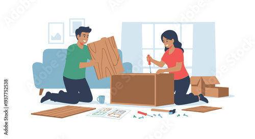 Couple assembling furniture in living room flat illustration diy home improvement
