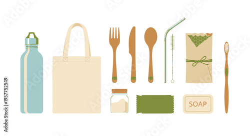 Eco friendly reusable items water bottle tote bag cutlery and more