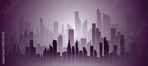 Abstract cityscape silhouette with a modern architectural design in shades of purple, symbolizing urban development and cityscapes