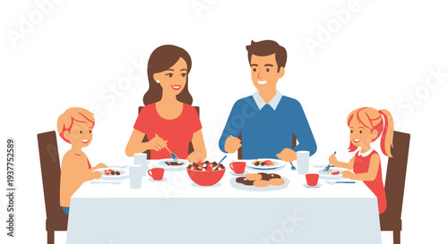 Family enjoying a meal at a table with plates and food illustration