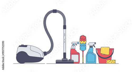Cleaning supplies illustration vacuum cleaner sprays duster and bucket