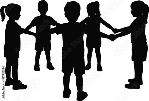 Children holding hands silhouettes, kids friendship circle teamwork and unity concept isolated on white background vector illustration