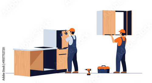 Professional builders installing kitchen cabinets on white background