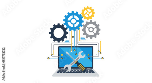 Computer repair and maintenance concept illustrated with gears and tools