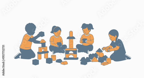 Children playing with building blocks in a bright and playful illustration