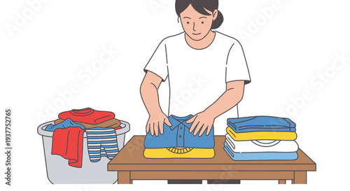Woman folding laundry on a table with a basket clean clothes ready