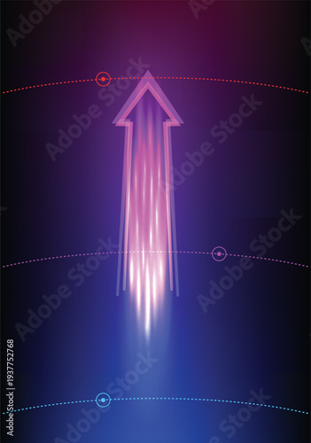 Futuristic color laser arrow shoots a gradient beam in pink, magenta, and teal, glowing with kinetic energy. 3D render illustration