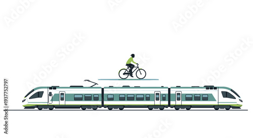 Modern passenger train illustration with cyclist on bike above for transportation concept
