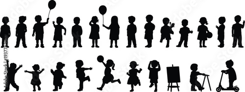 Children silhouettes set with boys and girls playing, running, holding balloons and toys isolated on white background vector illustration collection