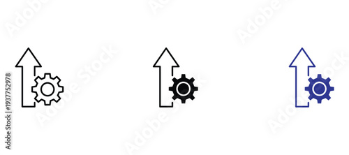 Business Growth and Settings Line Icon Set, Upward Arrow with Gear Symbol, Process Improvement, Productivity Increase, Workflow Optimization, Business Development Minimal Outline Vector Icons