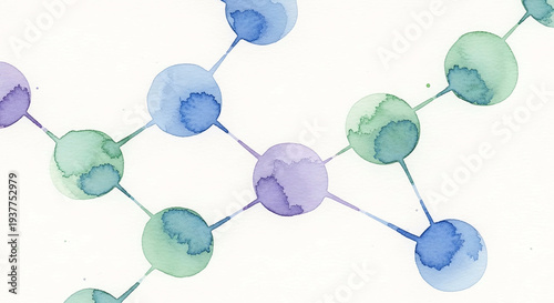 Stunning watercolor molecular structure with colorful nodes and connections