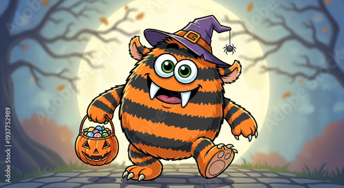 A cartoon tiger in a witch hat runs with a pumpkin on a spooky autumn night.