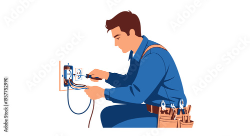 Electrician installing electrical outlet with tools against white background